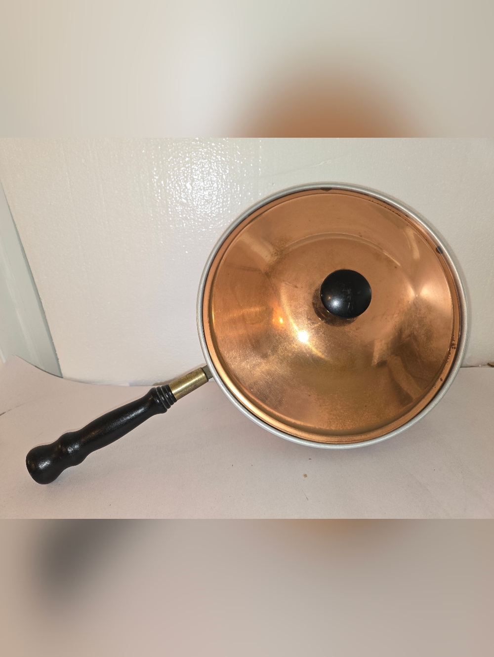 Vintage Copper 9.5" Pan with Lid Black Wood Handle.